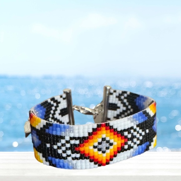 Handwoven loom cuff panel bracelet adjustable seed bead Native American motif - Picture 1 of 7